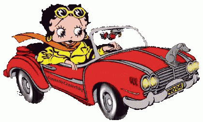 betty boop is driving a red car with a license plate that reads good
