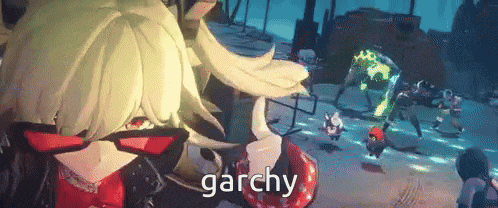 a cartoon character wearing sunglasses and a red shirt is standing in a video game and says garchy .