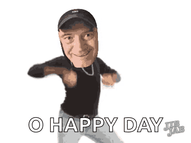 a man in a black shirt and hat is dancing with the words o happy day written below him