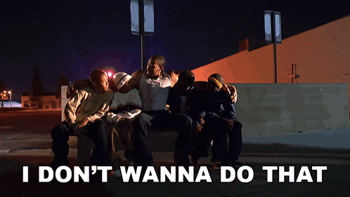 a group of people sitting on a bench with the words " i don 't wanna do that " on the bottom
