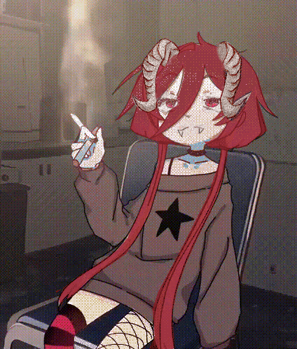a girl with horns is sitting in a chair holding a cigarette