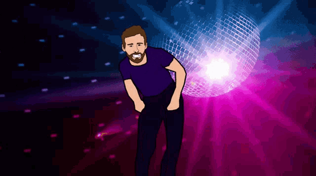 a cartoon of a man dancing with a disco ball in the background