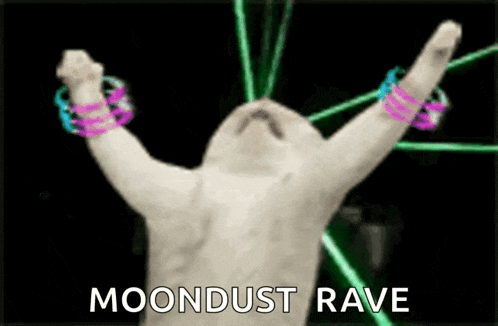 a cat is dancing in a club with the words moondust rave above it