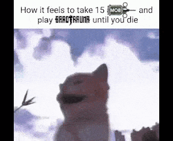 a cat is standing in front of a cloudy sky and says how it feels to take 15 mob