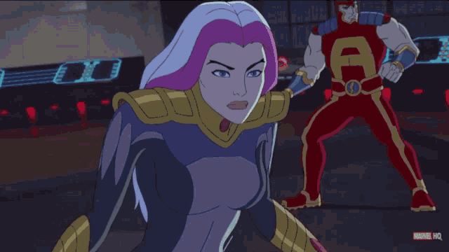 a cartoon of a woman and a man with a marvel logo on the bottom