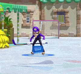 a cartoon character is holding a hockey stick in front of a soccer goal
