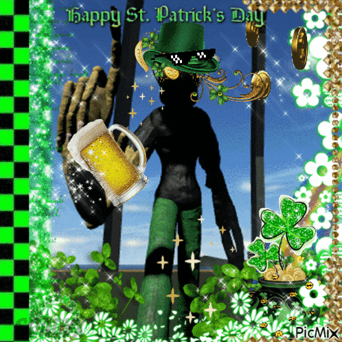 a happy st. patrick 's day card with a leprechaun holding a mug of beer