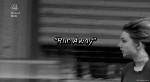 a black and white photo of a woman with the words " run away " in white letters