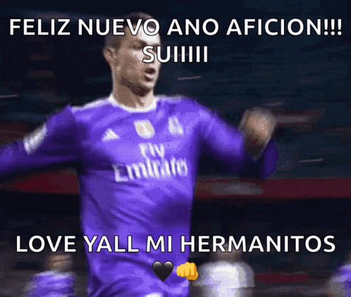 a soccer player in a purple fly emirates jersey celebrates a goal