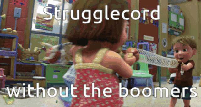 a cartoon of a girl holding a slinky with the words strugglecord without the boomers
