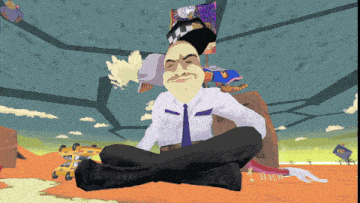 a cartoon drawing of a man sitting in a lotus position with his eyes closed
