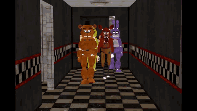 five nights at freddy 's characters including foxy and chica are walking down a hallway