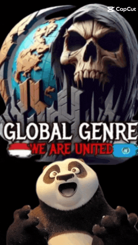 a panda bear stands in front of a global genre we are united sign