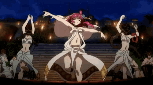 a group of anime characters are dancing on a stage at night