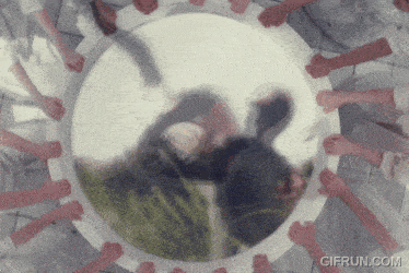 a gif from gifrun.com shows a group of people holding hands around a large mirror