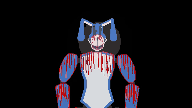 a cartoon drawing of a blue rabbit with blood dripping from its mouth