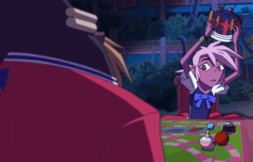 a cartoon character sitting at a table with a monkey behind him
