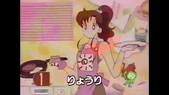 a girl in an apron is cooking in a kitchen with the number 1 visible