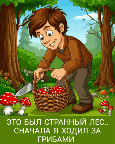 a cartoon illustration of a boy picking mushrooms in a forest