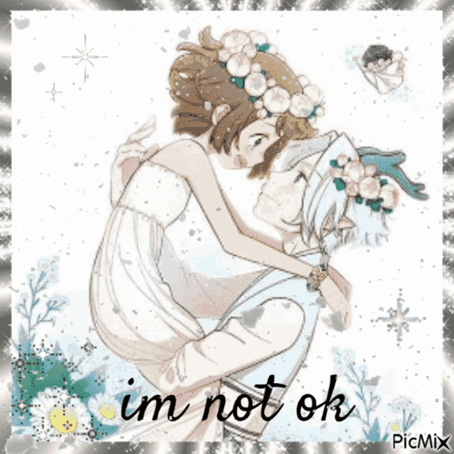a picture of a girl hugging a boy with the words i 'm not ok below it