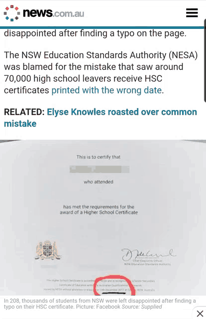 a screenshot of a news.com.au article about a typo on a page
