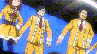 a group of anime characters in yellow suits and ties are standing next to each other .