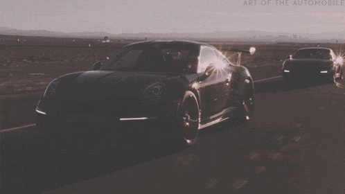 two sports cars are driving down a road and the words art of the automobile are visible on the bottom