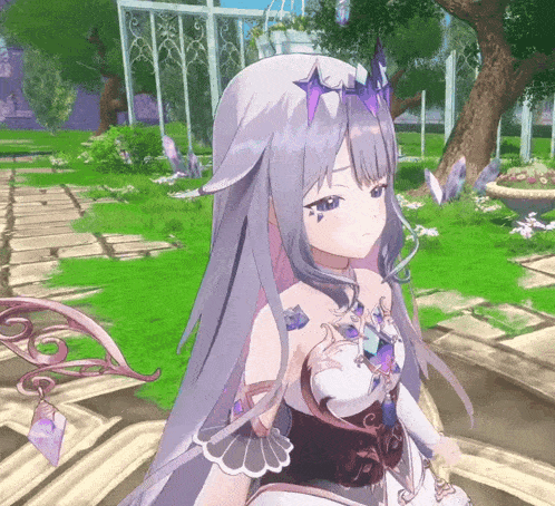 a girl with long purple hair and a purple star in her hair