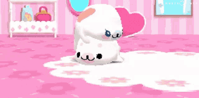 a pixel art of two seals with pink hearts on their heads