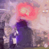 a person is standing in front of a shield that says police