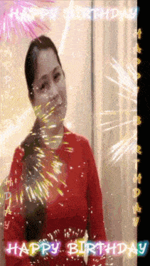 a woman in a red sweater is surrounded by fireworks and the words happy birthday