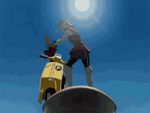 a yellow scooter with the letter p on the side