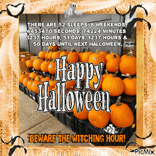 a picture of pumpkins with the words " beware the witching hour " at the bottom