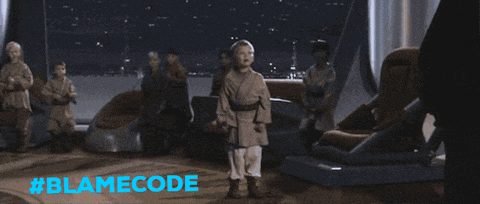 a little boy is holding a blue light saber in front of a group of people with the hashtag #blamecode above him