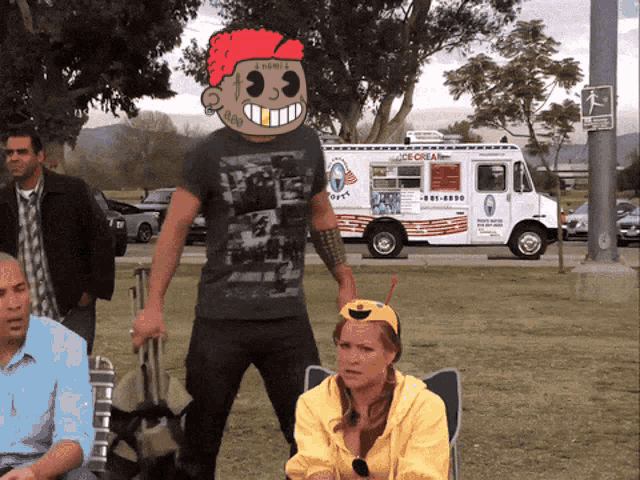 a man wearing a mask stands in front of an ice cream truck that says sonic