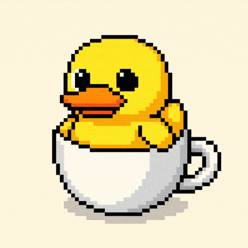 a pixel art drawing of a yellow rubber duck in a white cup