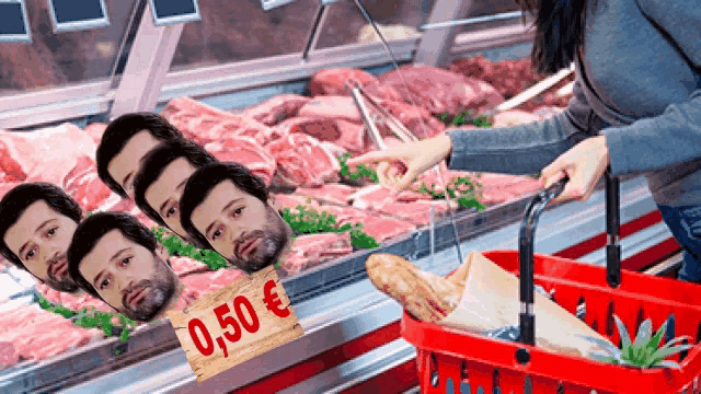 a woman is shopping in a grocery store with a sign that says 0,50 euro on it
