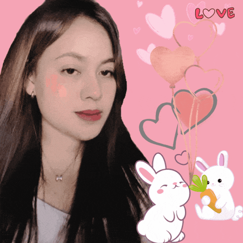 a girl is surrounded by hearts and rabbits and the word love is on the bottom right