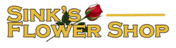 a sink 's flower shop logo with a red rose in the middle