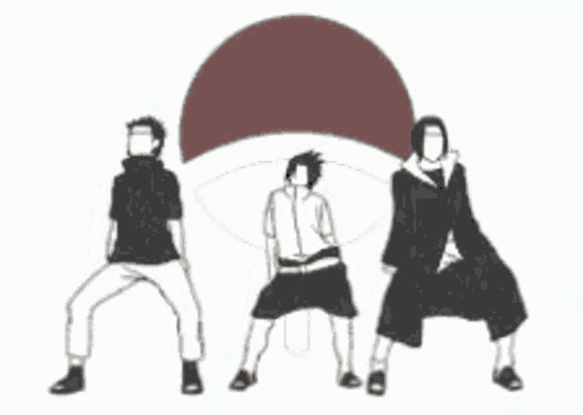 a drawing of three people standing next to each other in front of a circle .