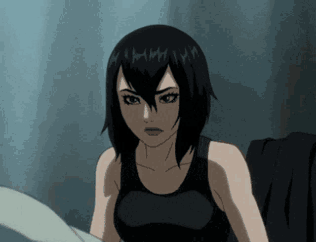 a cartoon girl with black hair and a black tank top looks angry