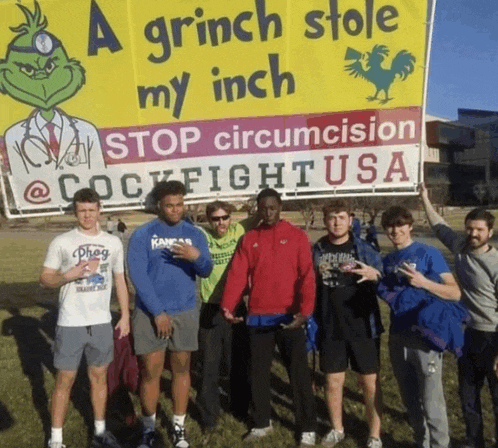 a group of young men are standing in front of a sign that says a grinch stole my inch
