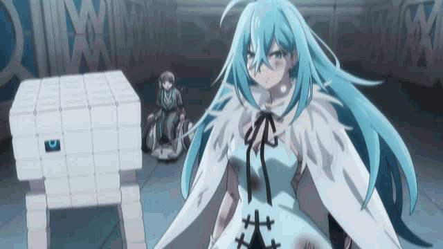 a girl with blue hair is standing in front of a white cube with a blue eye on it