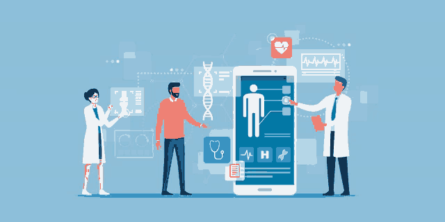 an illustration of doctors and a patient looking at a phone