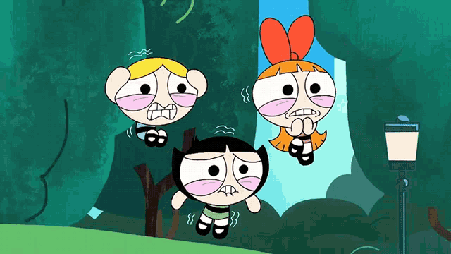 three cartoon characters are standing in a forest and one of them has a bow on her head