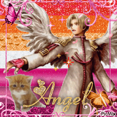 a picture of an angel and a kitten with the word angel on it