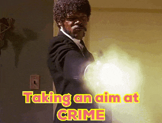 a man in a suit and tie is pointing a gun with the words " taking an aim at crime " below him