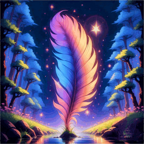 a painting of a colorful feather in the middle of a forest