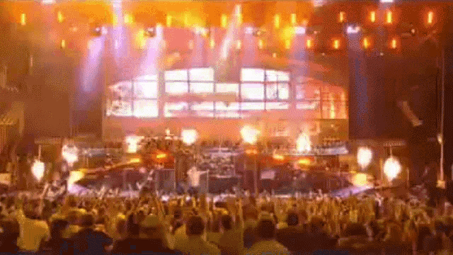 a crowd of people at a concert with their hands in the air .