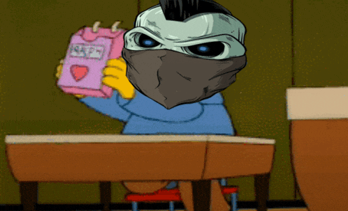 a cartoon character is sitting at a desk holding a pink box that says ' milk ' on it